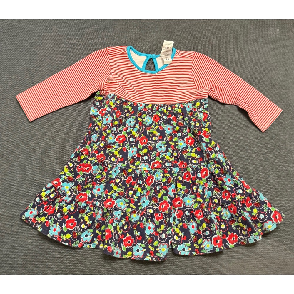 Zutano Baby Girl Floral Striped Tiered Long Sleeve Dress 12M Red Blue Cotton